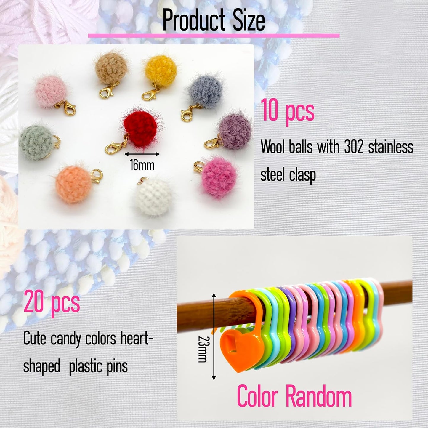 10 Pcs Cute Wool Ball Stitch Markers for Crocheting with Alloy Lobster Clasps & 20 Pcs Heart-Shaped Knitting Markers,for Knitting & Crochet Supplies,Suitable for Various Yarn thicknesses.