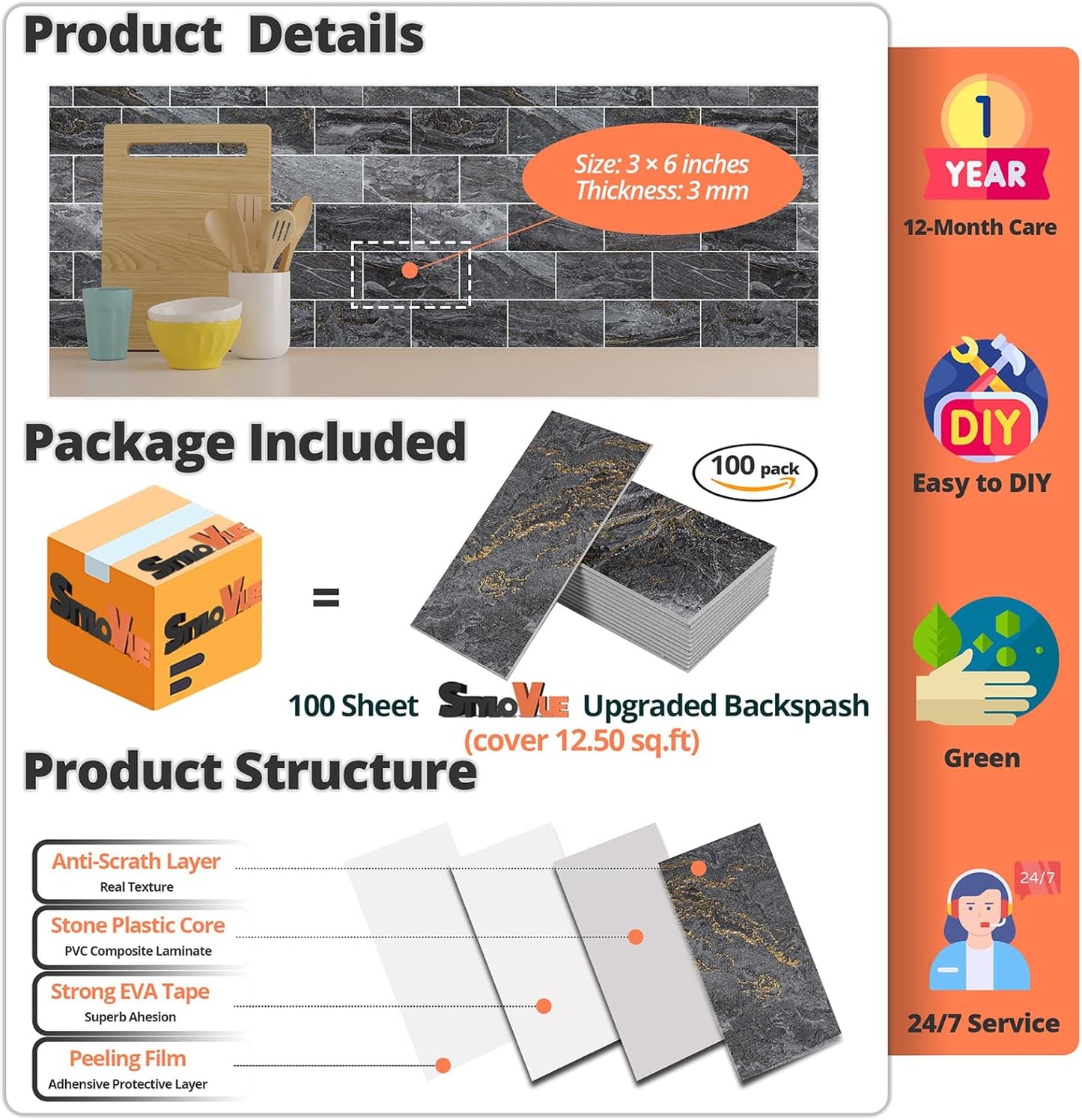 100 Pieces Peel and Stick Backsplash for Kitchen, 3" x 6" PVC Subway Tile 2025 Upgraded Gray-Gold Stone Backsplash Stick on Tile Elevate Kitchen Fireplace RV