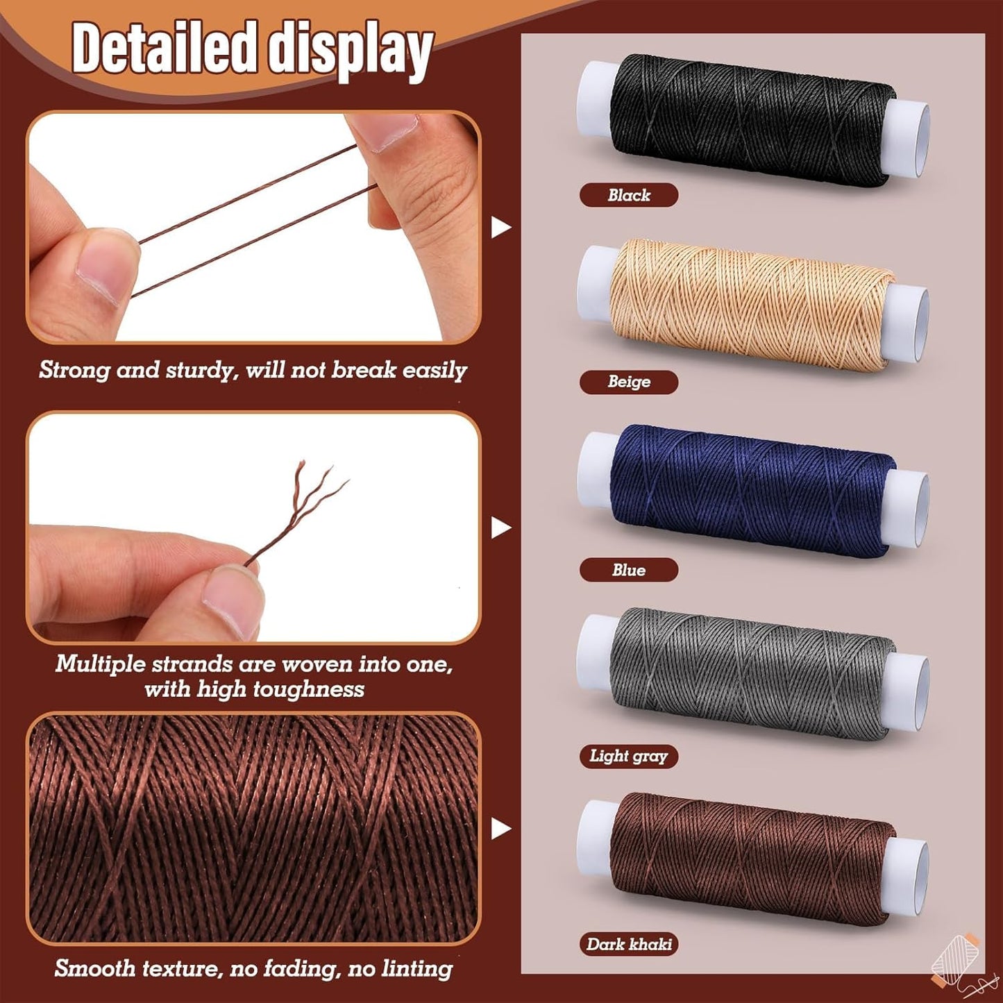 0.8 mm 54 Yards Waxed Thread for Sewing, Leather Thread for Sewing for Stitching, Bookbinding, Bracelet, Braiding (Dark Khaki)