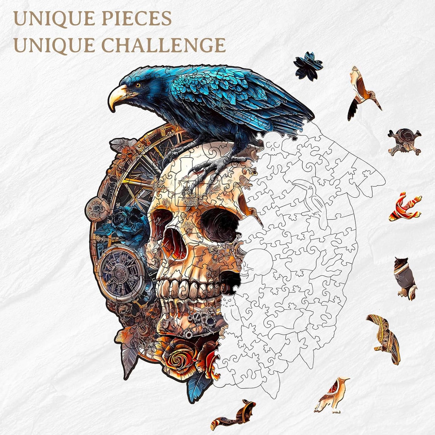 KAAYEE Wooden Puzzles for Adults, 3D Visual Effect Raven & Mechanical Skull Wooden Jigsaw Puzzle Unique Shape Wood Puzzle Adult, 3D Effect Flat Puzzle Birthday Family Games (L-13.4 * 11.9in-240pcs)