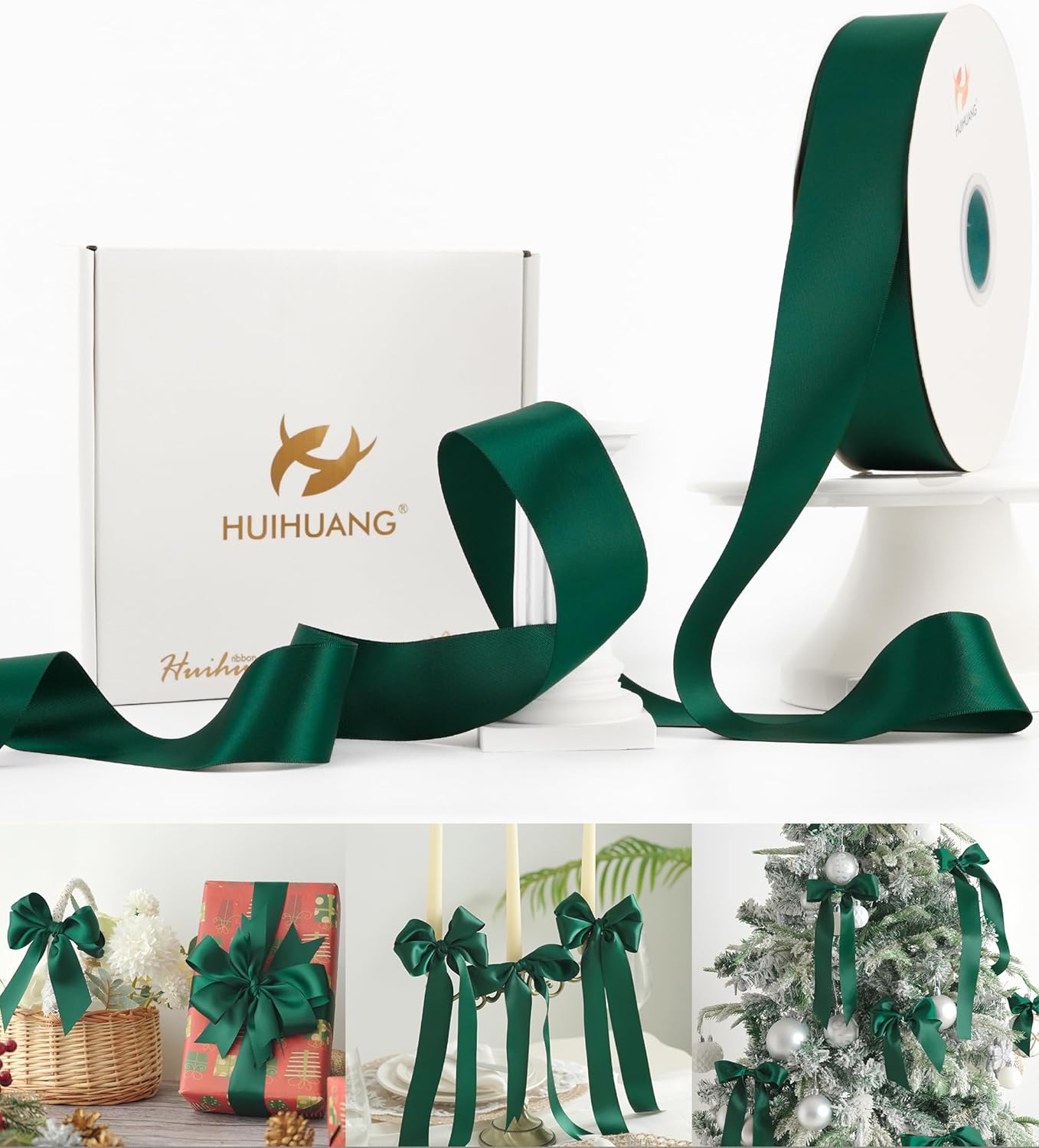 HUIHUANG Green Satin Ribbon 1-1/2 inch x 100 Yards Dark Green Double-Faced Satin Ribbon for Christmas Gift Wrapping, Flower Bouquet, DIY Crafts, Bows, Wedding Decoration