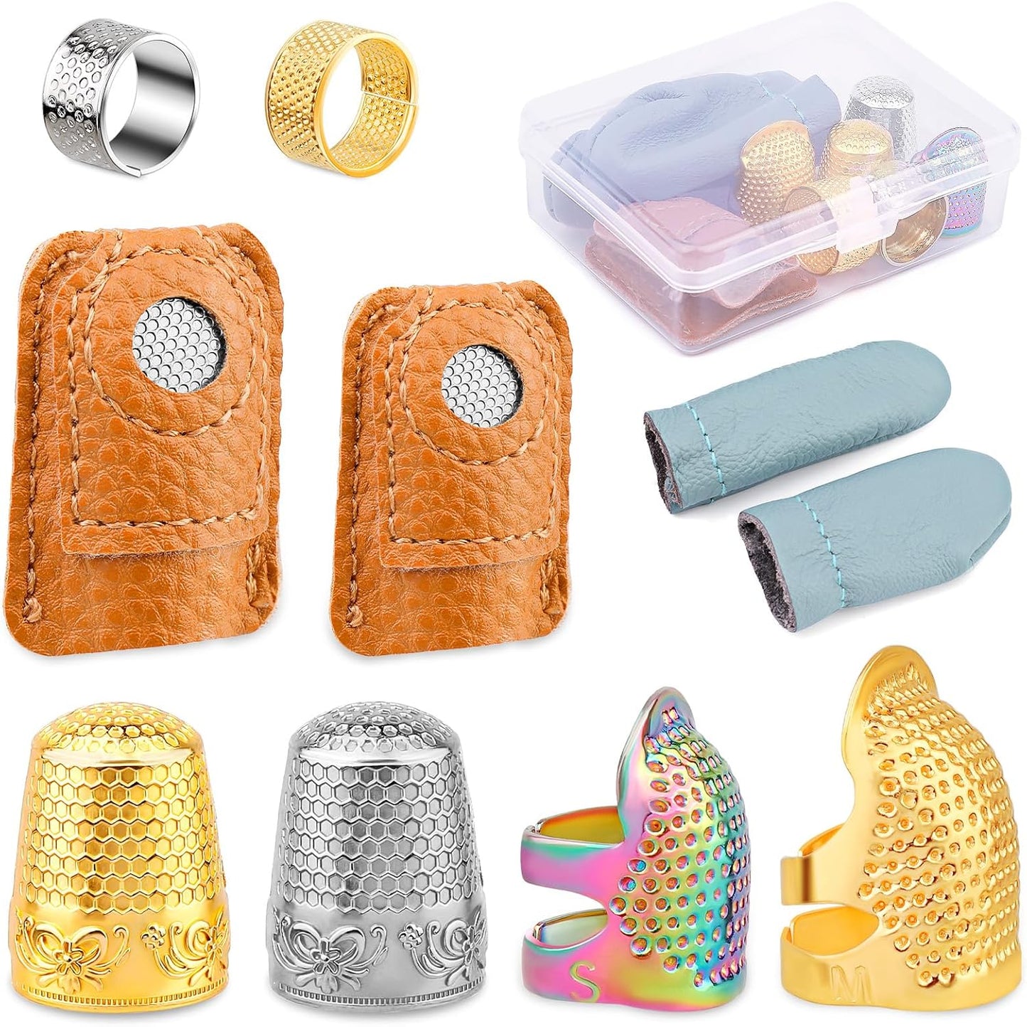 10pcs Hand-Working Sewing Thimble, Metal Finger Shield Ring, Leather Coin Finger Protectors, Sewing Thimble Rings Cap Metal Shield for Knitting Quilting DIY Craft Tools