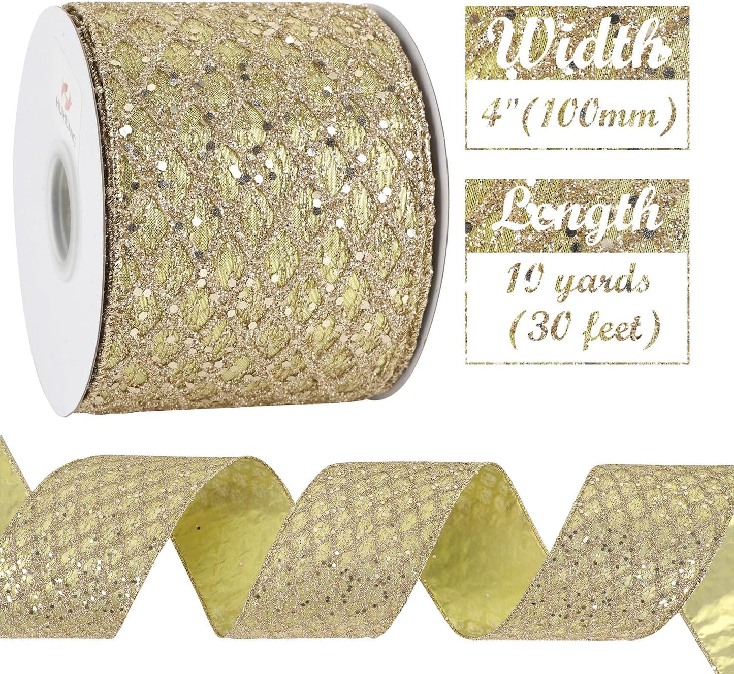 HUIHUANG Champagne Gold Christmas Ribbon 4 inch Glitter Wired Ribbon Diamond Mesh Wire Ribbon for X-mas Tree Decorations, Wreaths, Garland, Large Bows Making, Wedding Decor -10 Yards