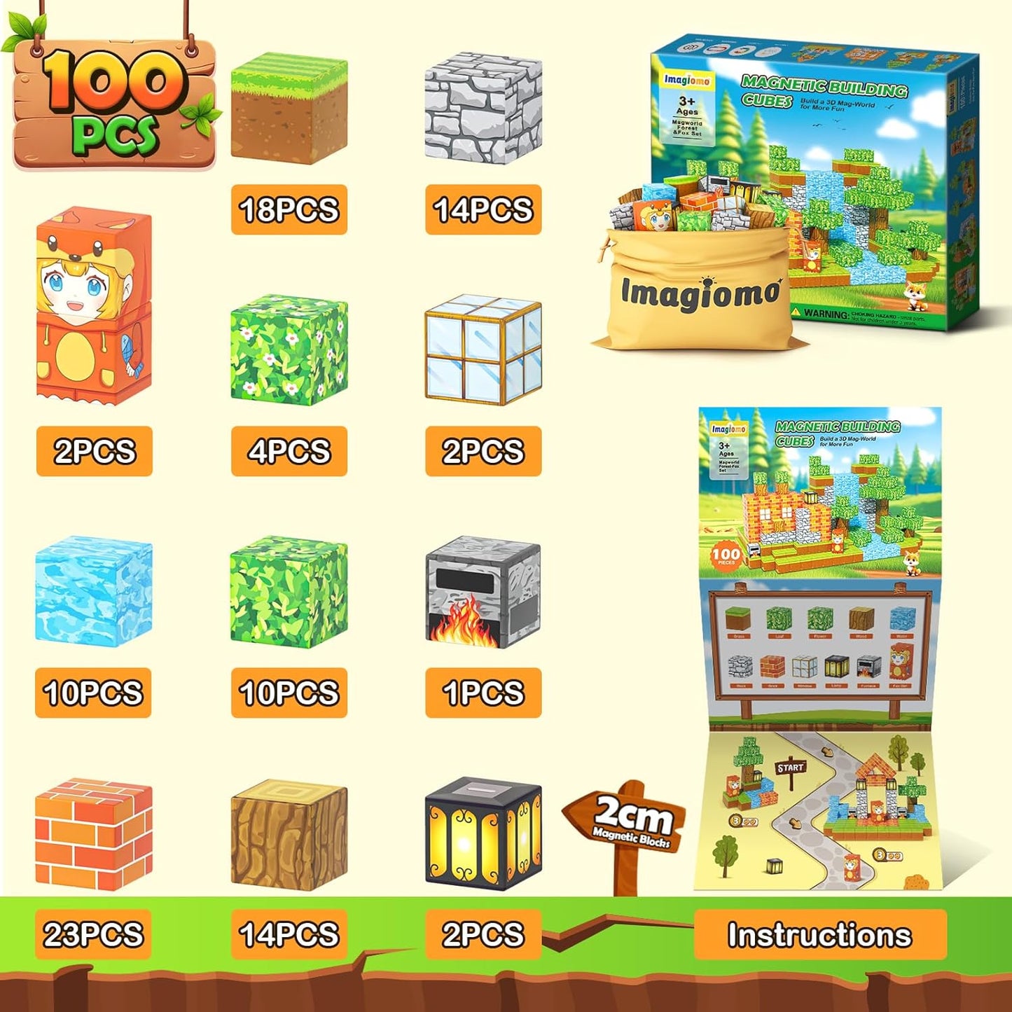 100PCS Magnetic Blocks - Build Mine Magnet World Froest Fox Adventure Set, Magnetic Toys Kids Games for Boys & Girls Age 3-5 5-7 8-12, Sensory Construction Outdoor Toys for Toddlers Birthday Gifts