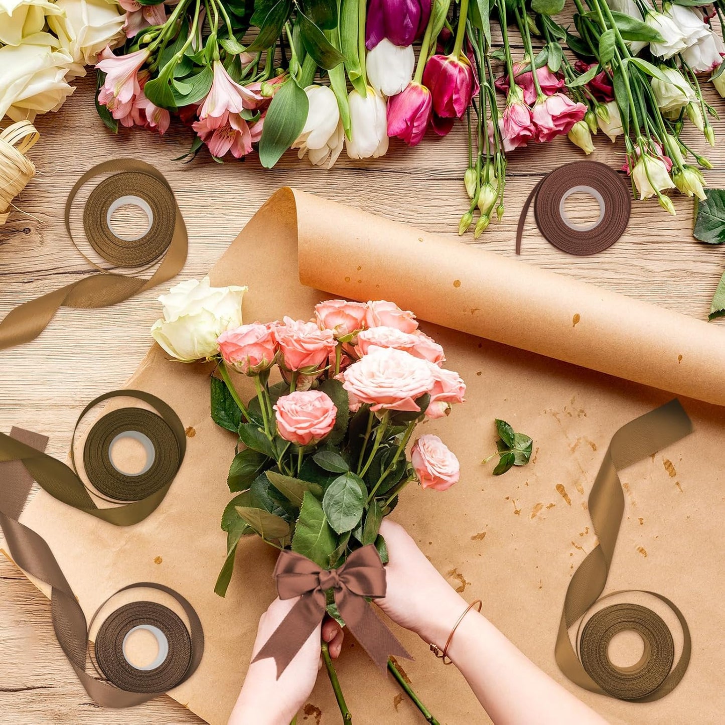 1 Inch Brown Satin Ribbons for Crafts, 6 Rolls Single-Faced Brown Assorted Ribbons for Gift Wrapping Flower Bouquet Wedding Invitations Bridal Shower Hair Bows Garland Party Decor