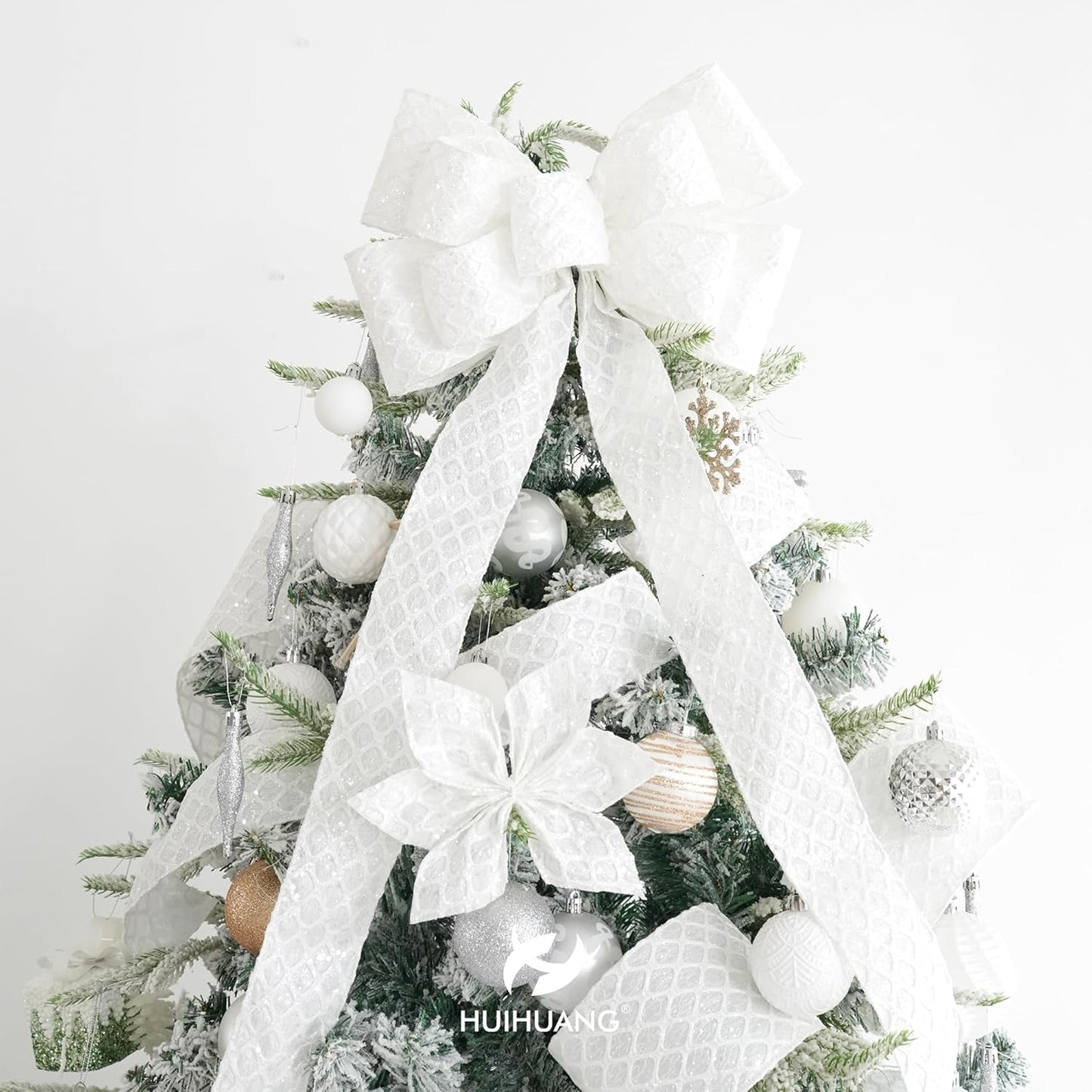 HUIHUANG White Glitter Wired Ribbon, 4 Inch x 30 Ft, Geometric Pattern, Polyester Material, Christmas Occasion