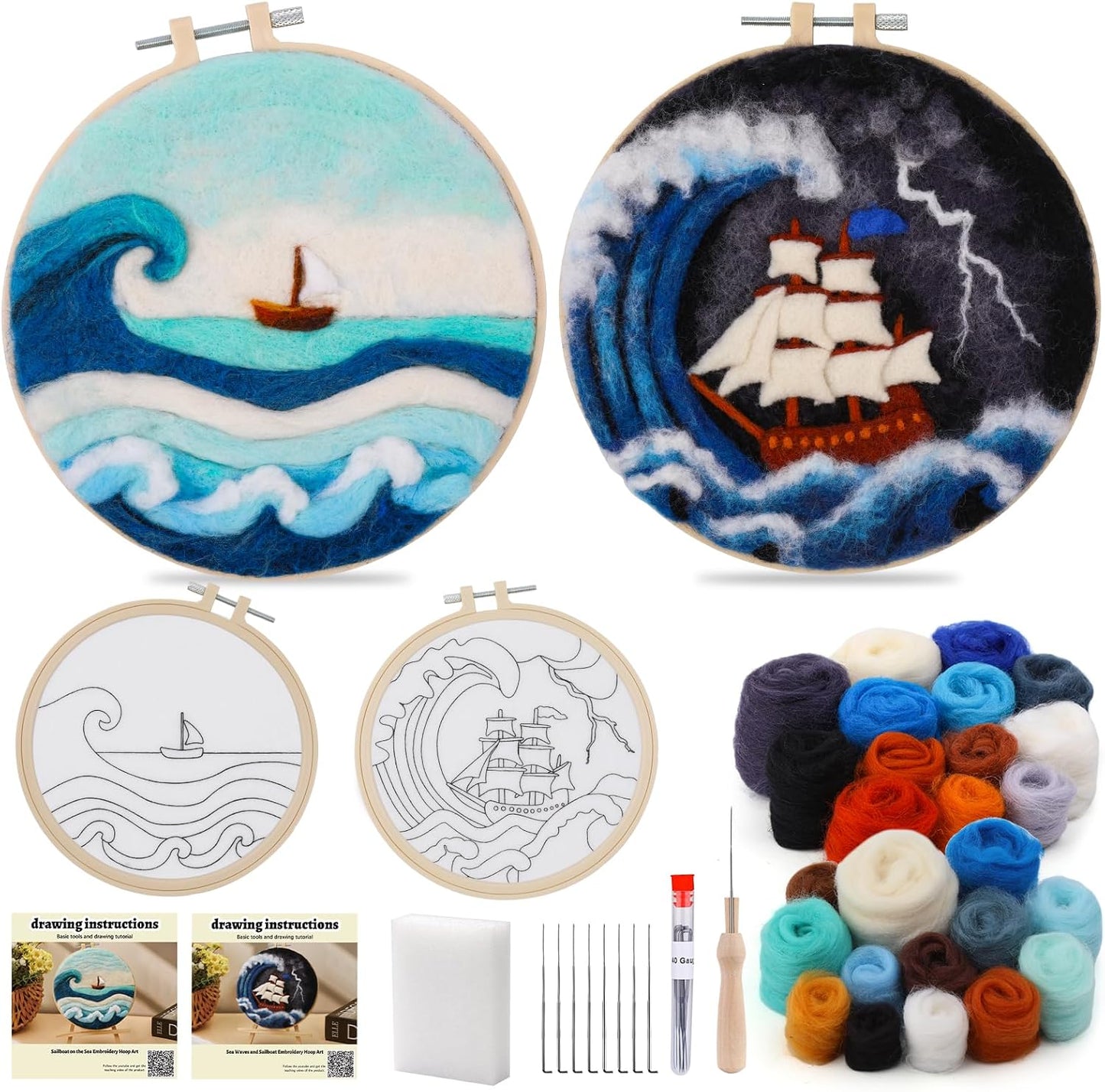 QMNNMA Needle Felting Kits, Wool Felting Kit with Picture Frame, Foam Pad, Felt Cloth, and Instructions, Needle Felt Painting Kit for Home Decoration (Sea Waves and Sailboats)