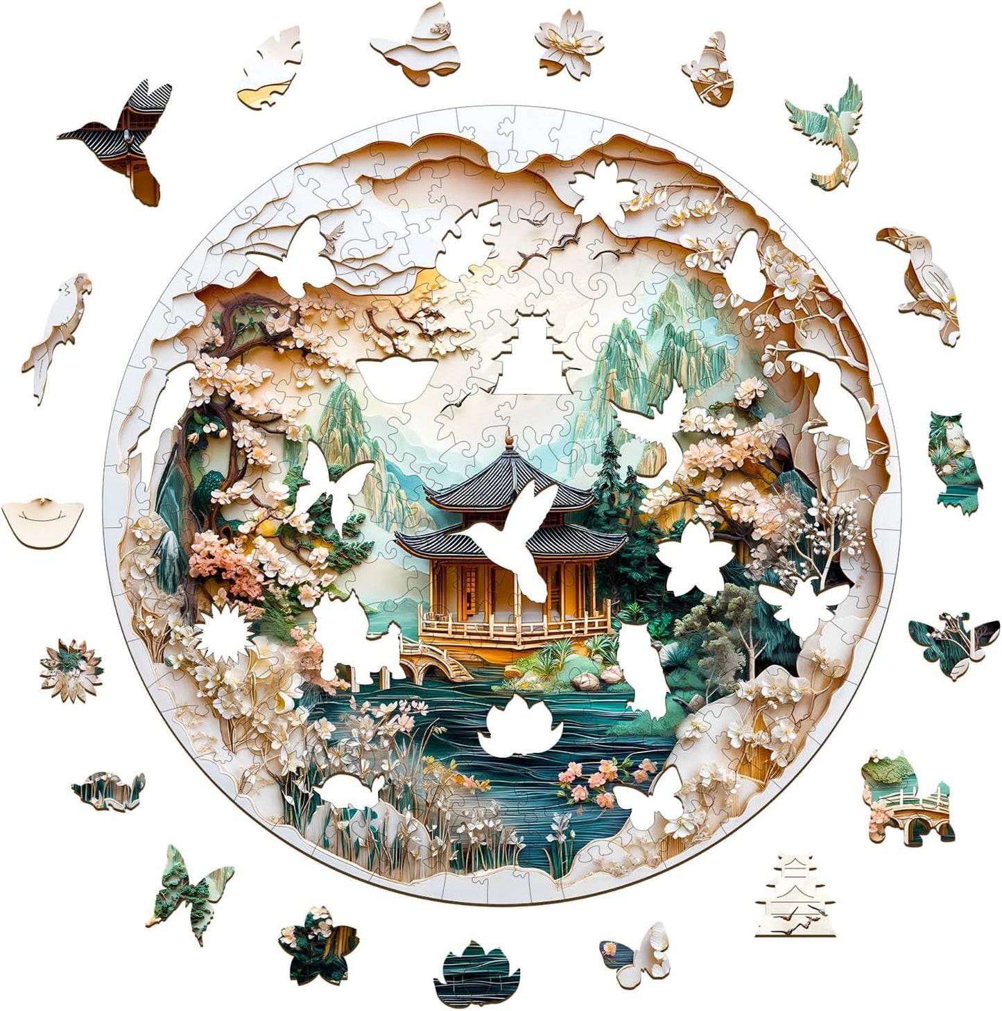 KAAYEE Wooden Puzzles for Adults, 3D Visual Effect Chinese Landscape Painting Wooden Jigsaw Puzzle Unique Shape Wood Puzzle Adult, 3D Effect Flat Puzzle Birthday Family Games (S-8.5 * 8.5 in-100pcs)