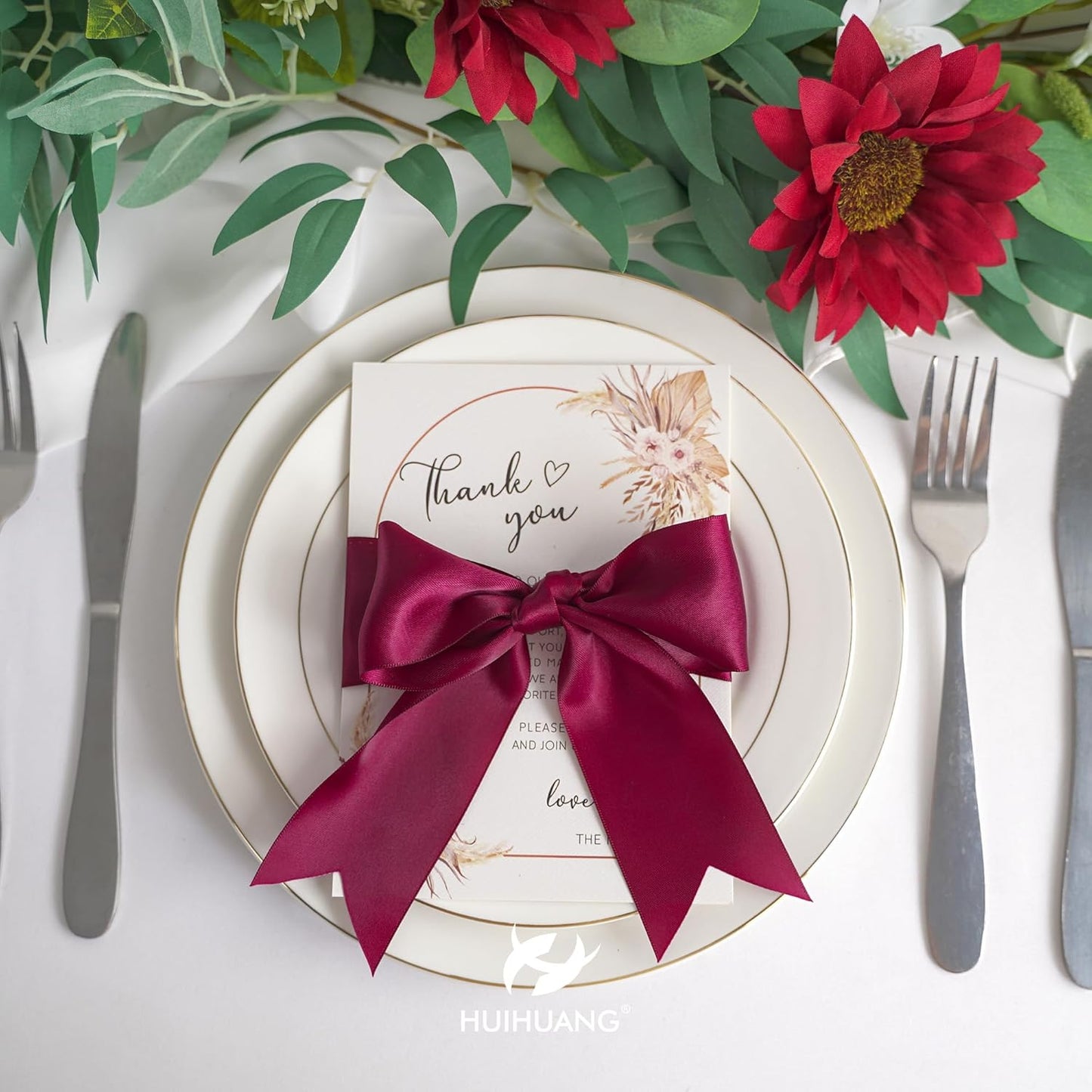 HUIHUANG Wine Red Ribbon 2 inch Wide Double Face Satin Ribbon Maroon Fabric Ribbon for Flower Bouquet Wrap, Wedding Bridal Shower Holiday Decor, Bows Making Crafts, Gift Wrapping-25 Yards/Roll