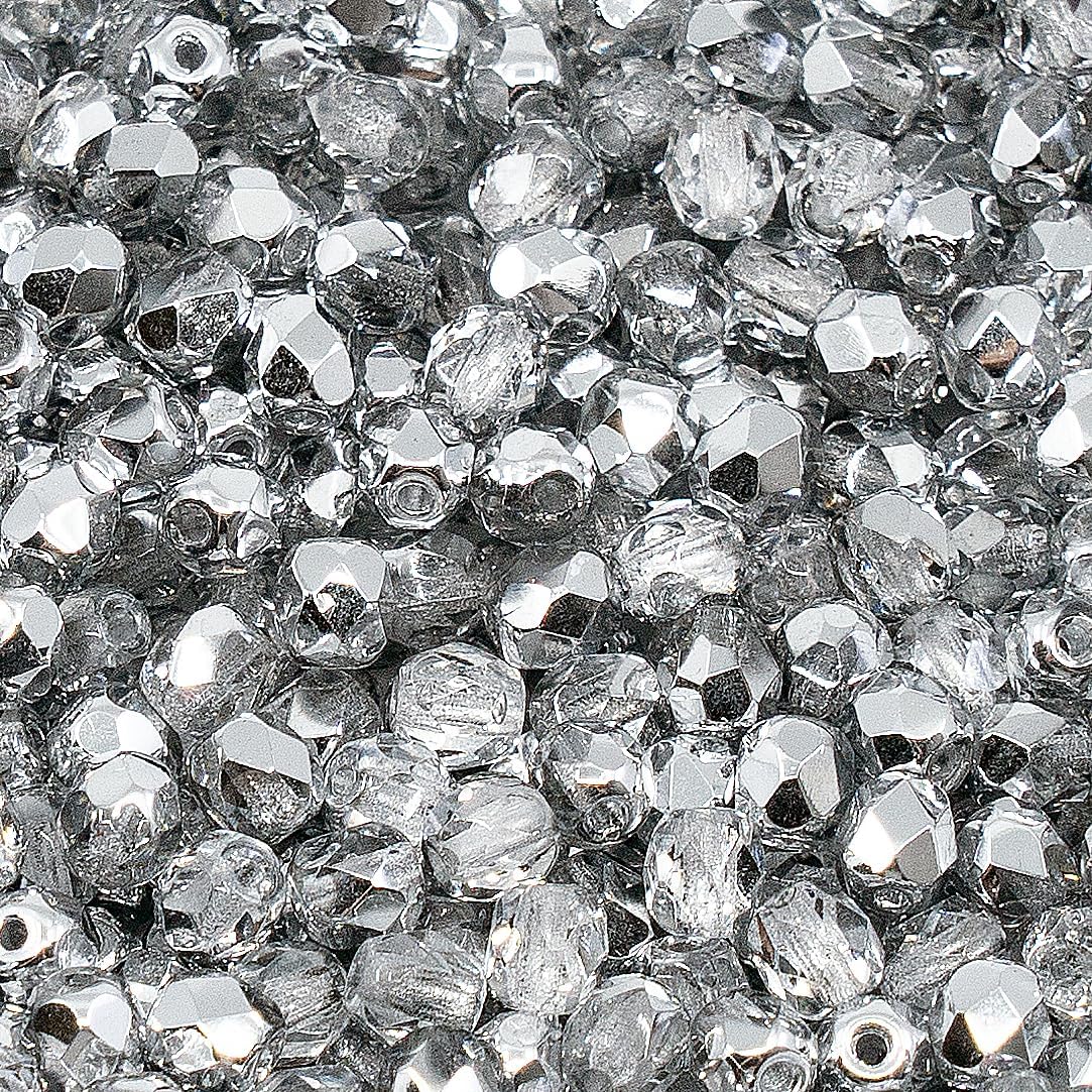 100 pcs of Faceted Fire Polished Pressed Czech Glass Beads 4mm (0.16in), Crystal Silver Aluminum Labrador 00030-27001 BCV