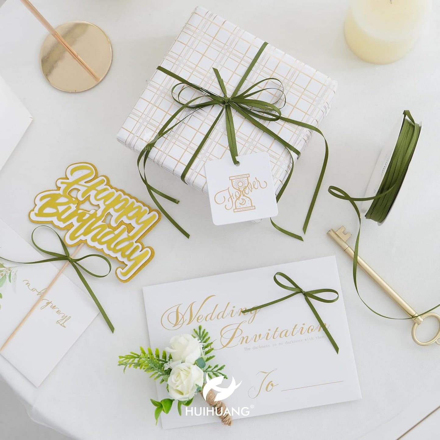 HUIHUANG 1/8 inch Moss Green Ribbon Solid Color Thin Satin Ribbon 100 Yards Double Faced Thin Crafts Ribbon for Hanging Gift Tags Invitation Card DIY Crafts Gift Wrapping Bows Bouquet Decoration