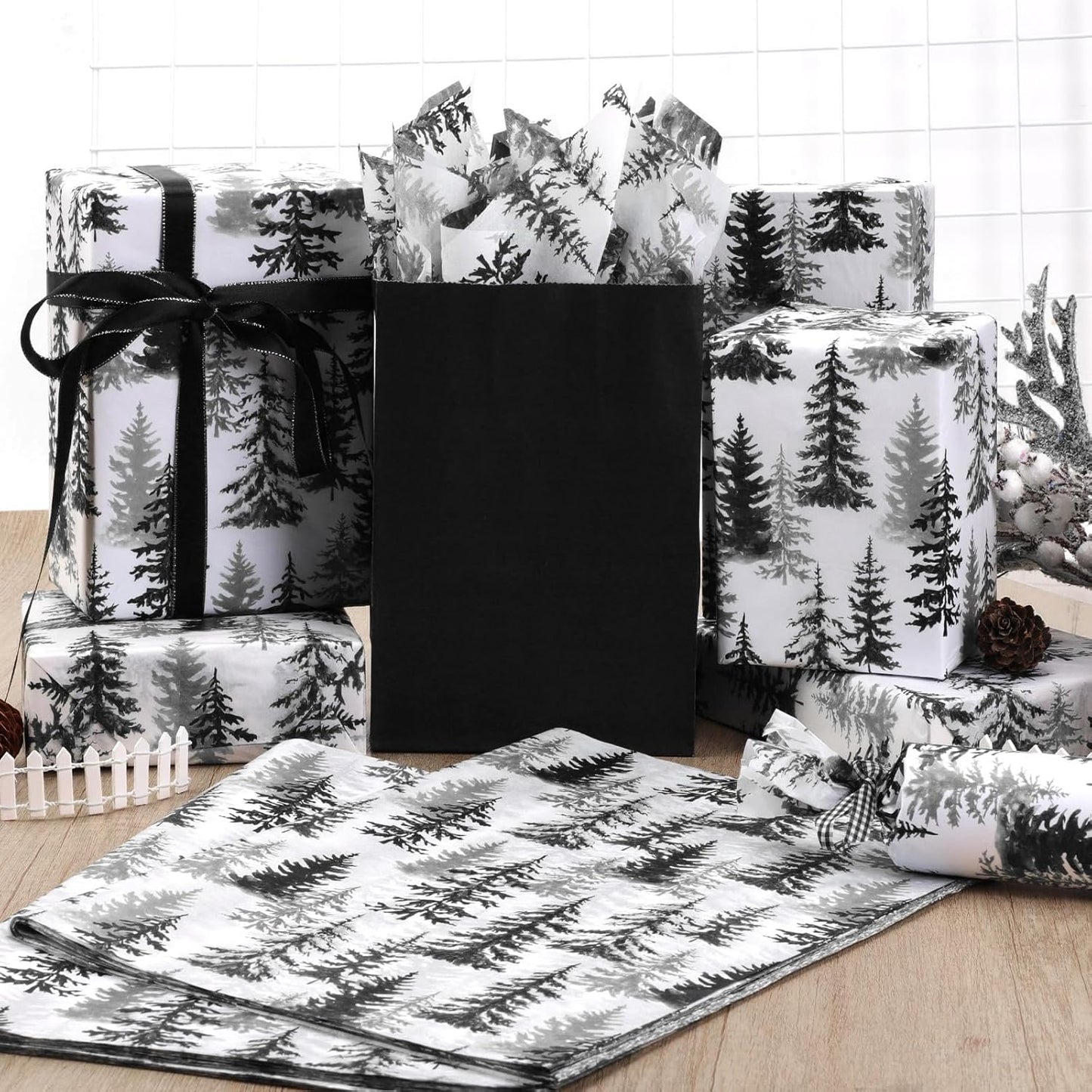 100 Sheets Christmas Tree Tissue Paper, 20x14in Forest Style Wrapping Tissue Watercolor Xmas Tree Art Tissue for Xmas Party Gift Bag Fillers Winter Party Decor (Black)