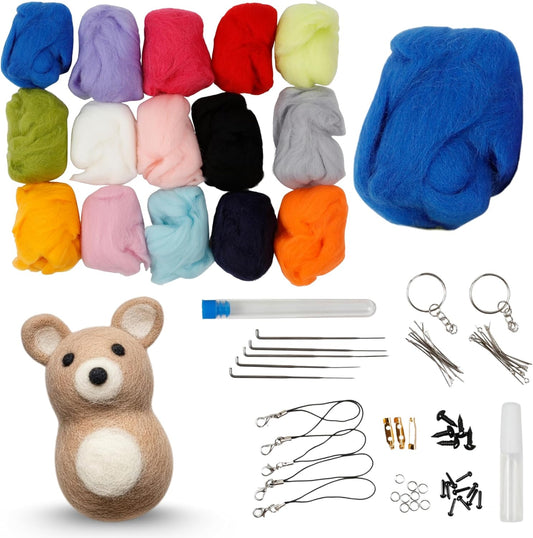 Incraftables Felting Needles Wool Roving Kit - Needle Felting Kit for Beginners, Adults & Kids – Wool Felting Kit with Plastic Eyes, Keychains, Glue & Accessories – 15 Colors