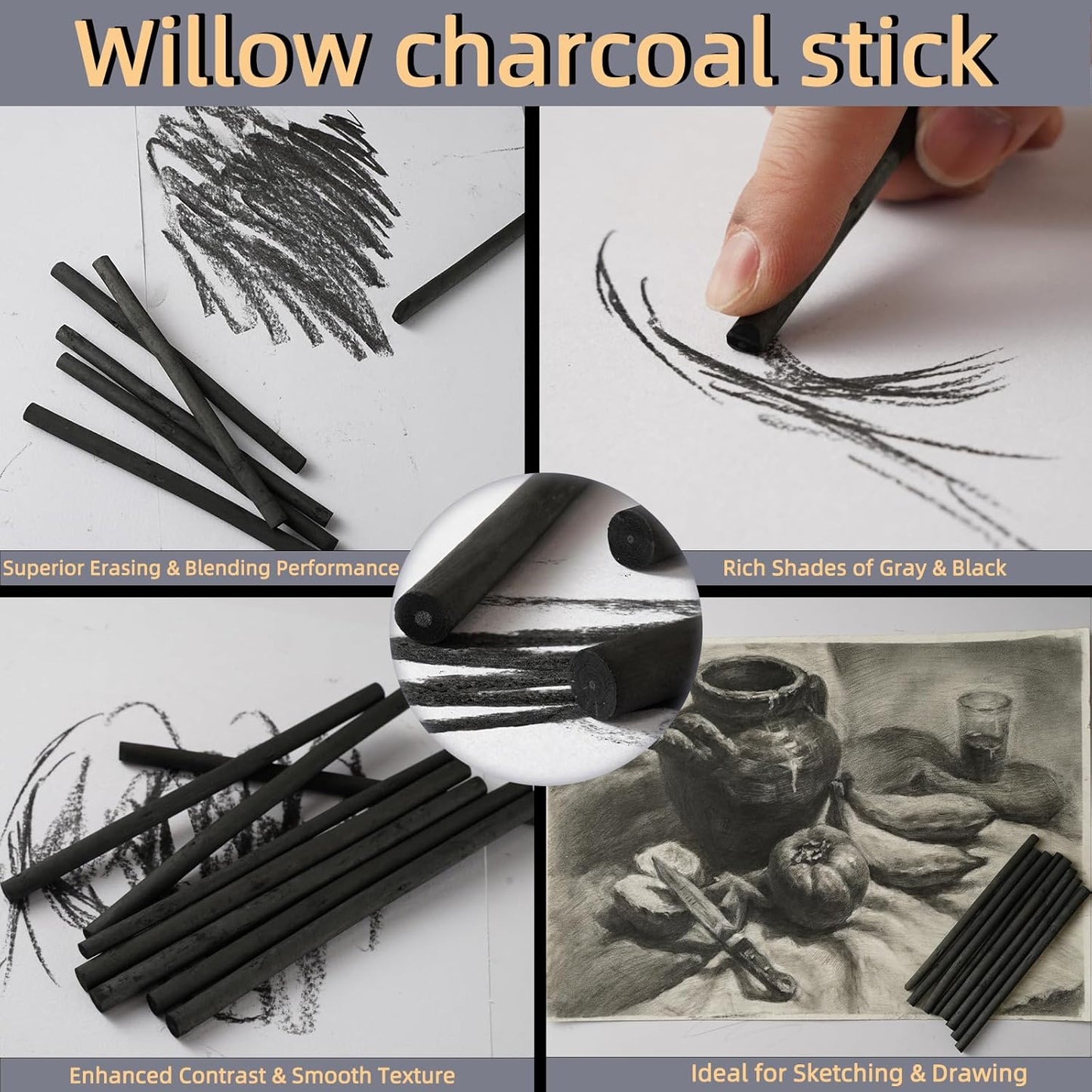 100 PCS Willow Charcoal Sticks, Ideal for Artists, Beginners, Students, Perfect for Sketching, Drawing, Shading, and Fine Art, 5.7 Inches Long, 2-4*25,4-5*25,5-7*25,7-9*25 (2-4,4-5,5-7,7-9)