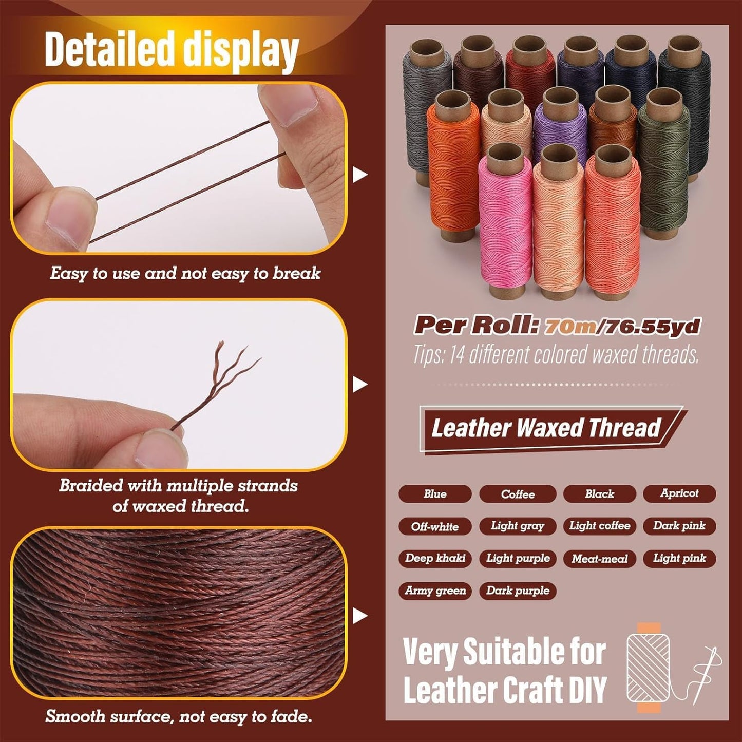 0.55 mm Round Waxed Thread, 14 Colors 76 Yards Spool Wax Coated String, Leather Sewing Waxed Thread for Sewing, Stitching, Beading, Braiding, Bracelet, Bookbinding