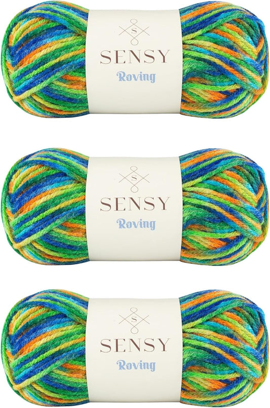 3 Skeins of Sensy Roving Multi Color Yarn, 3.5 oz, 132 Yards, Gauge 5 Bulky (Rainforests)