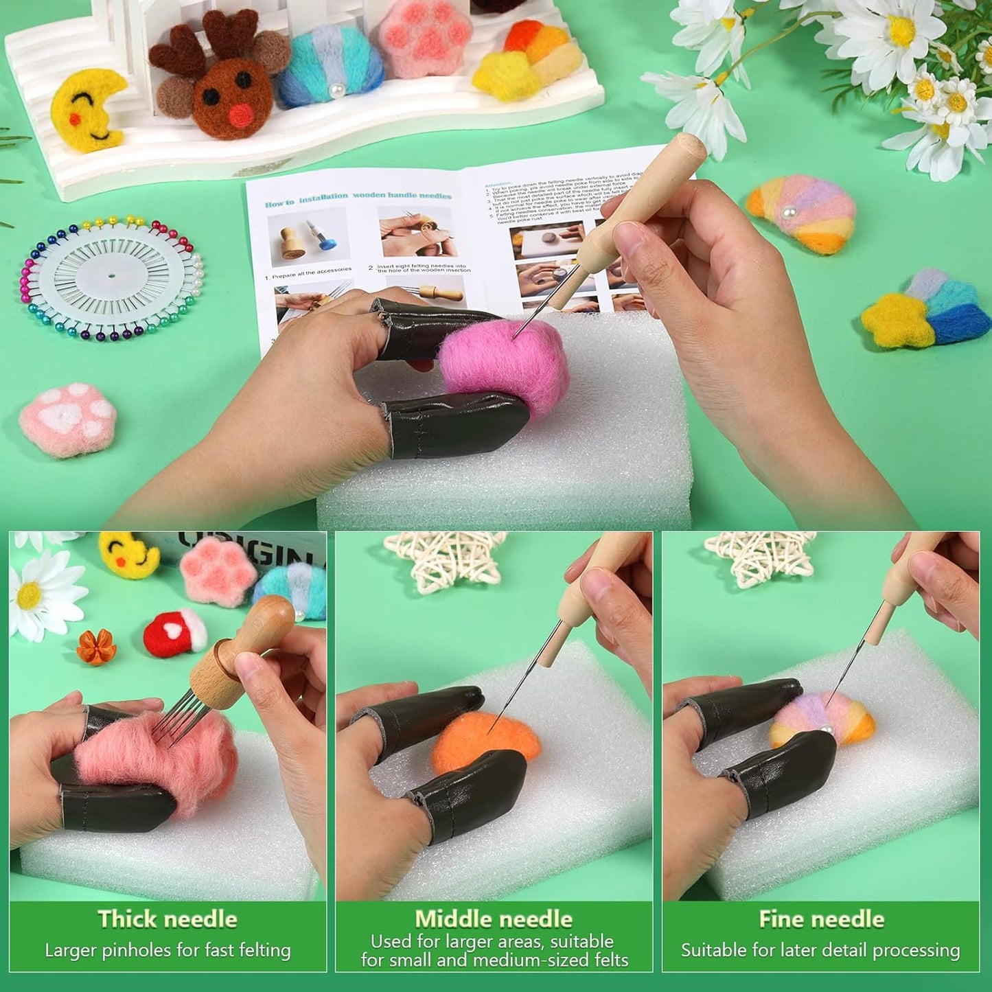 IMZAY Needle Felting Tools, Wool Felting Supplies, Needle Felting Kit with 60 Pcs Needles, Foam Mat, Wooden Handle, Scissors, Perfect for DIY Felting Wool Projects