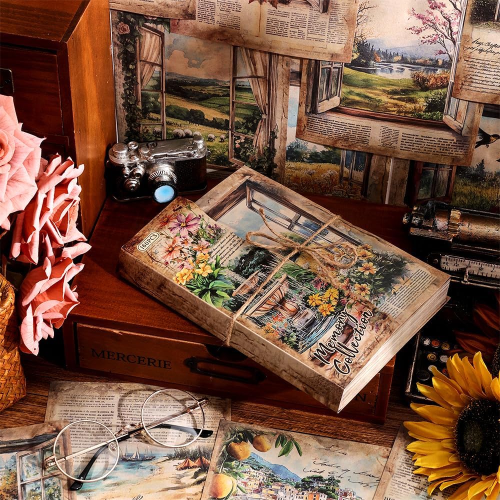 icceemee 160 Sheets Vintage Retro Scrapbook Paper, Junk Journaling Supplies Kit for Bullet Journals, Collage Art, Poster & Room Decor, Card Making, Gift Wrapping