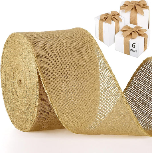 Chuangdi 20 Yard 6 Inches Burlap Ribbon Wide Jute Ribbon Natural Burlap Fabric Roll Wired Edge for Wreaths, Christmas Tree Decoration, Big Bow Crafts, Gift Wrapping, Wedding