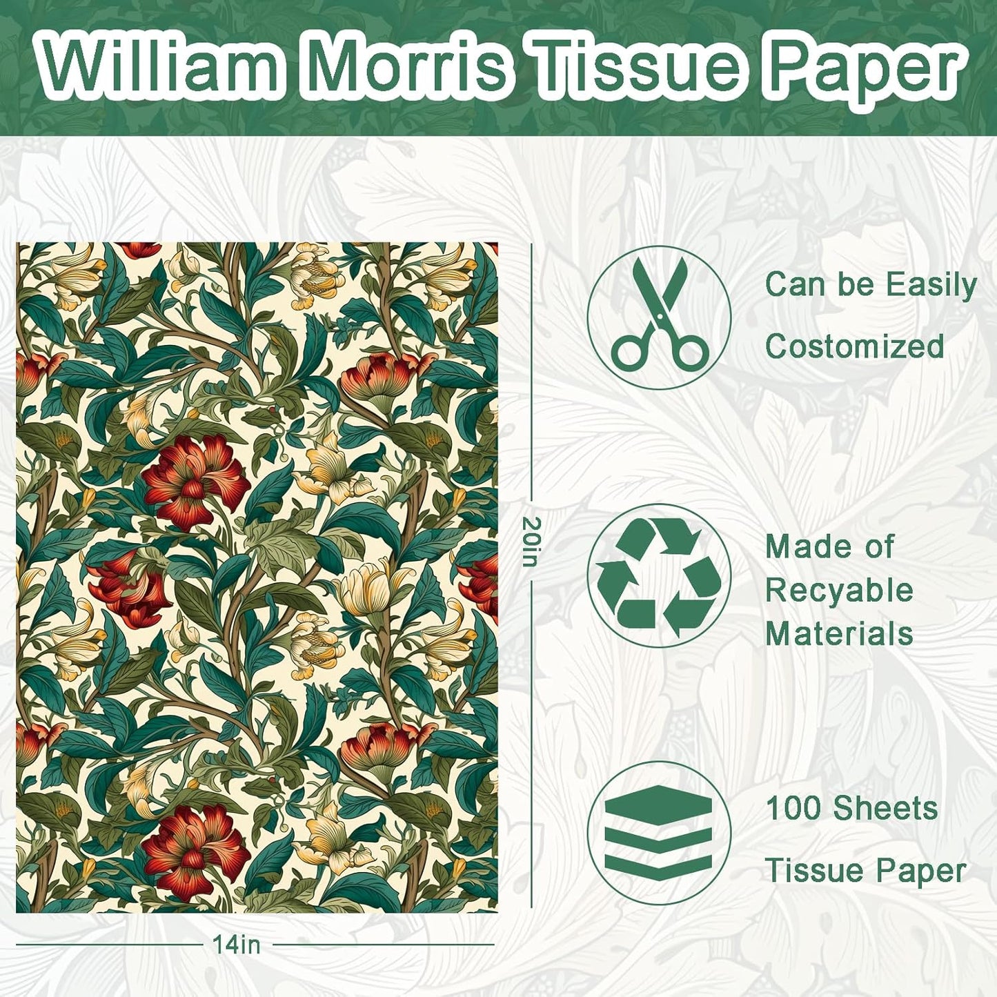 100 Sheet William Morris Tissue Paper, 20x14 inch Vintage Blue Green Floral Printed Wrapping Paper Seamless Print Botanical Flower Tissue Paper for Birthday Wedding Bridal Shower Tea Party DIY Craft