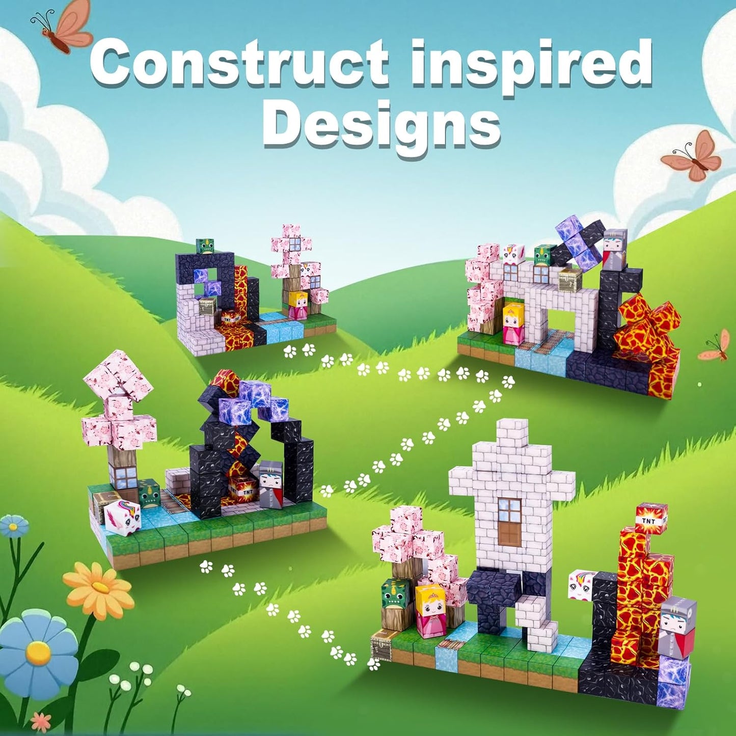 100PCS Magnetic Blocks - Magnet Cubes Toys Stacking, Build Mine Magnet World Magic Portal Set, 2025 Upgraded STEM Montessori Stacking Toy for 3+ Year Old Boys&Girls (Forest and Castle)