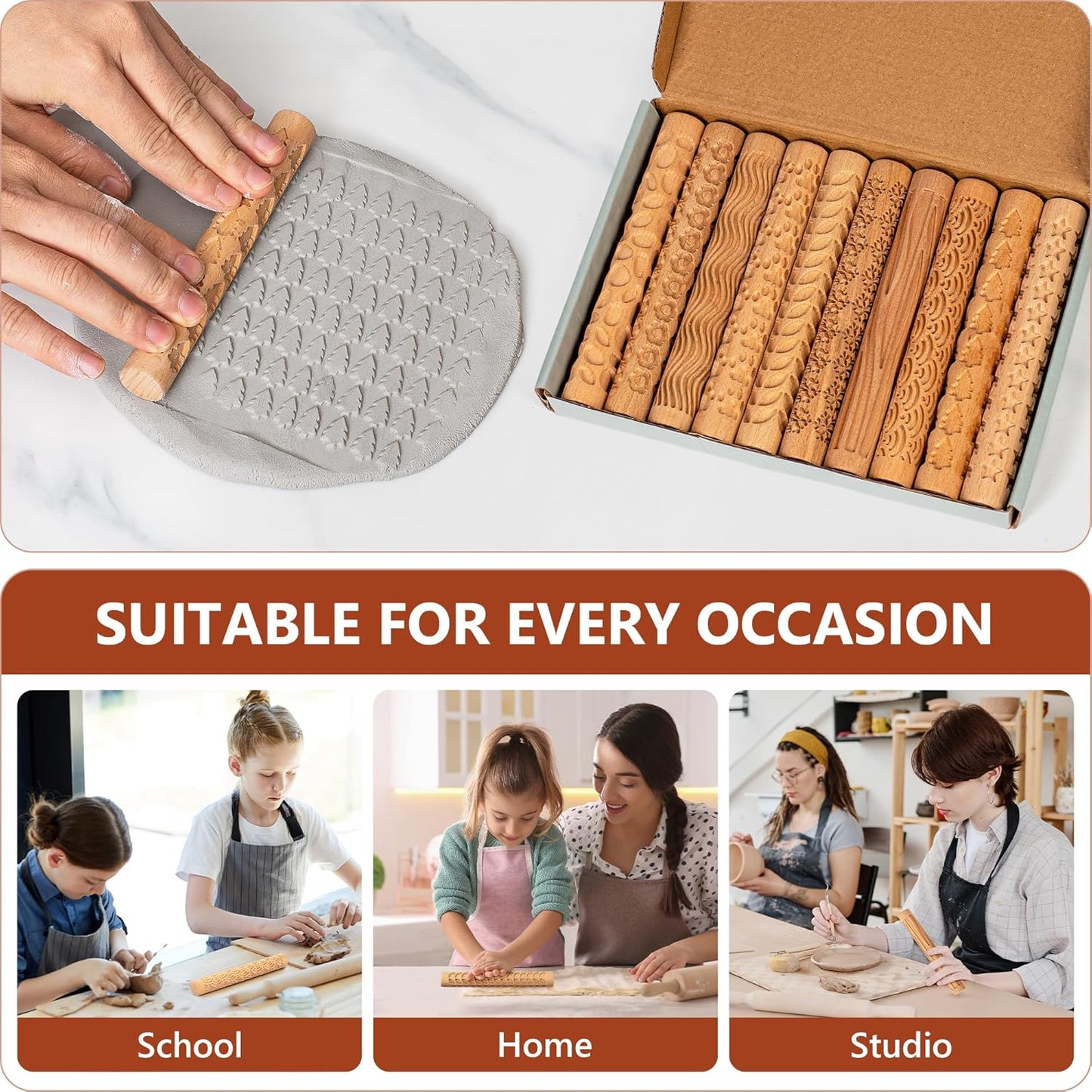 10pcs Wooden Clay Texture Rollers Set for Pottery & Ceramics - Potters Stamp Roller Tools for Ceramic Slabs - Textured Rolling Pins for Modeling, Painting & Glaze Design - 5.9 x 0.8 inch