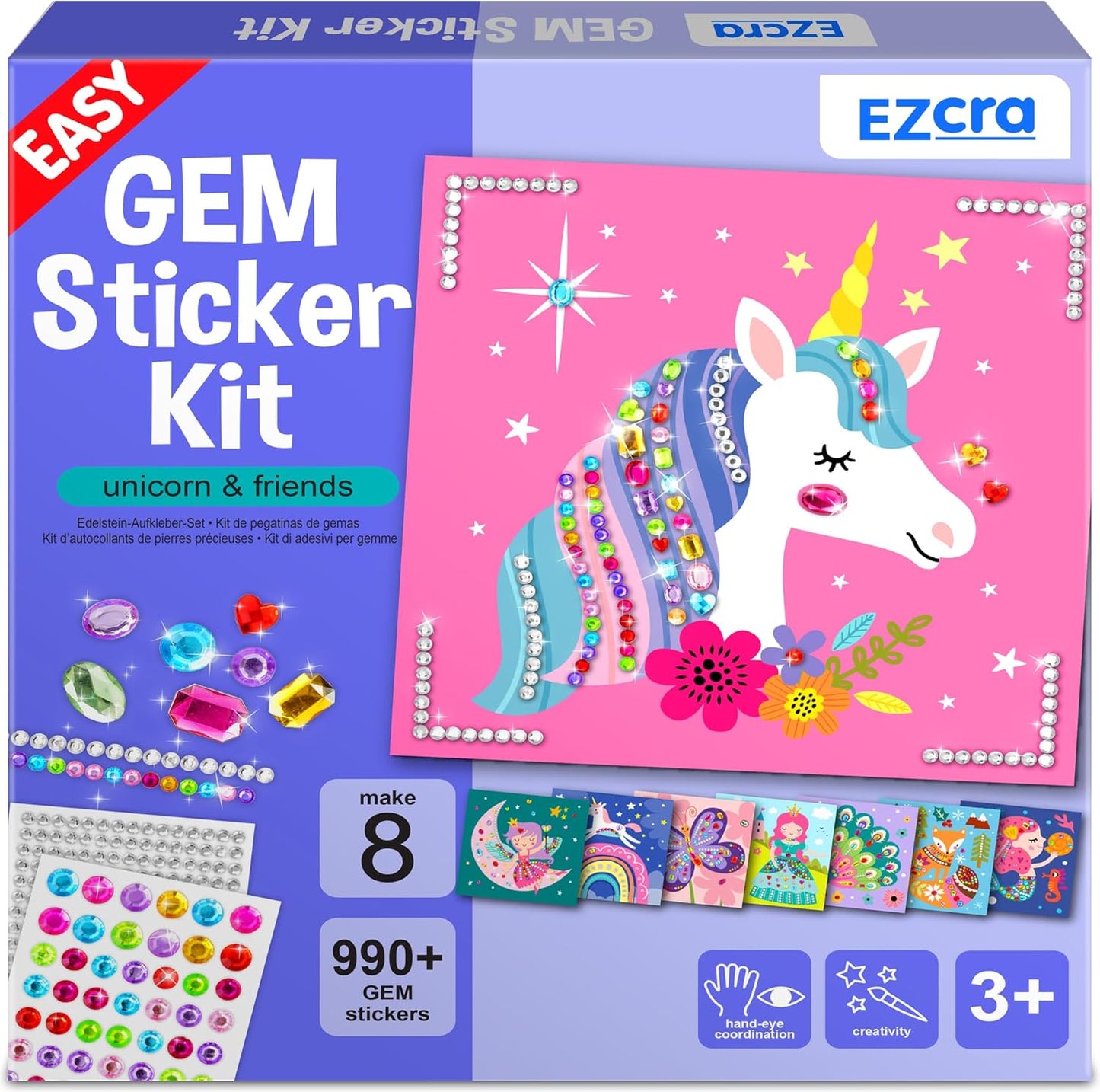 EZCRA Easy Arts and Crafts for Kids - Fun Gem Sticker Kit - 8 Unicorn Princess Themes, 990+ Stickers - Gem Art for Kids - Diamond Art Kits - Gifts for Girls Ages 3-8