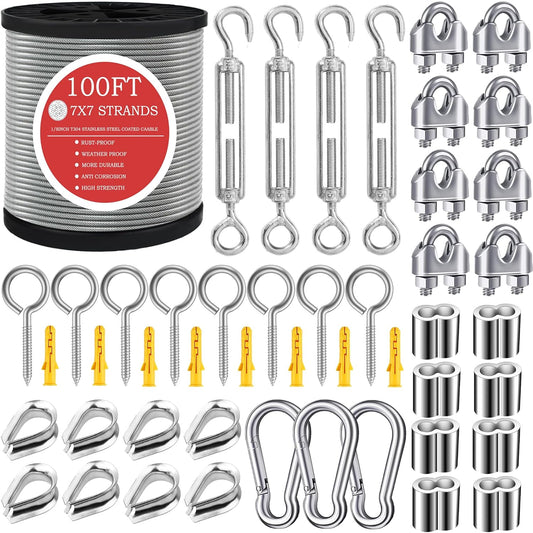 1/8" Wire Rope,100FT 304 Stinless Steel Cable with M5 Turnbuckle-Gardening,Aircraft,Picture Hanging, Clothesline Wire