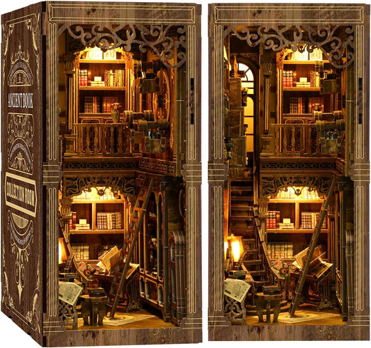 Book Nook Kit for Adult Miniature Model Build Dollhouse Kit 3D Wooden Puzzle with Sensor Led Light for Bookshelf Bookend Insert Decor Adults Teen Crafts(Classical Book Collection Room)