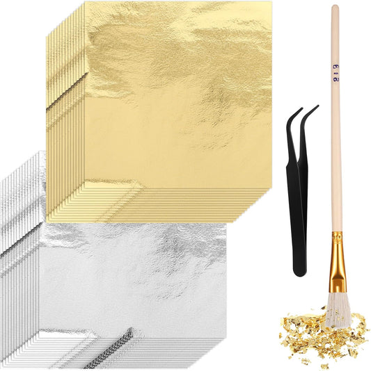 100 Pcs 5.5" X 5.5" Gold Leaf Sheets for Art Foil Paper, Gold & Silver Foils Sheets, Foil Paper Art Foils Sheet for Resin Gilding Crafting Nails Furniture Home Decor with Tweezer & Brush