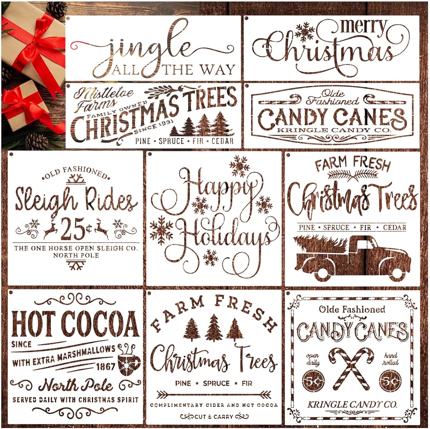 10 Pieces Large Christmas Stencils for Painting on Wood, Reusable Merry Christmas Stencil Candy Cane Christmas Tree Farm Template Holiday Stencils for Wood Sign DIY Crafts (10Pieces large christmas-1)