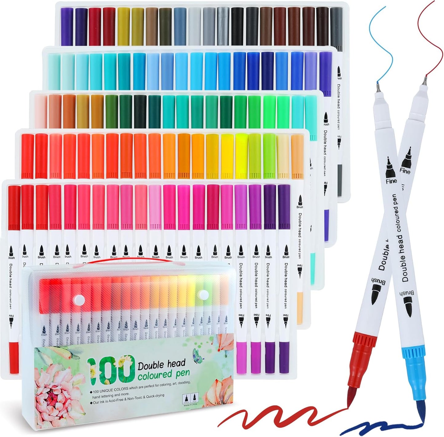 100 Colors Dual Brush Markers for Adult Kids Coloring Books, Water-Based Ink Art Marker Pens Set with Fine & Brush Tips for Bullet Journaling, Drawing, Hand Lettering, Sketching