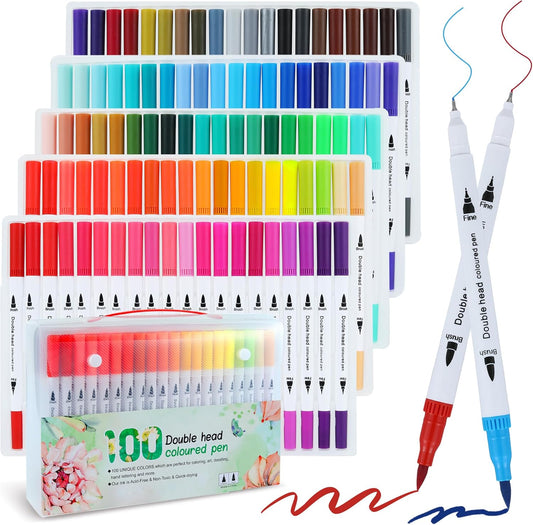 100 Colors Dual Brush Markers for Adult Kids Coloring Books, Water-Based Ink Art Marker Pens Set with Fine & Brush Tips for Bullet Journaling, Drawing, Hand Lettering, Sketching