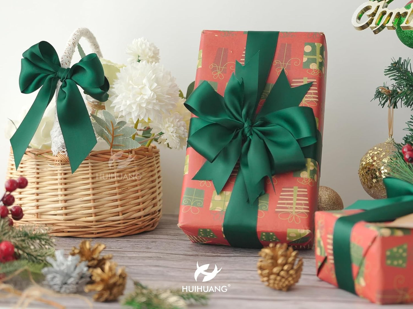 HUIHUANG Green Satin Ribbon 1-1/2 inch x 100 Yards Dark Green Double-Faced Satin Ribbon for Christmas Gift Wrapping, Flower Bouquet, DIY Crafts, Bows, Wedding Decoration