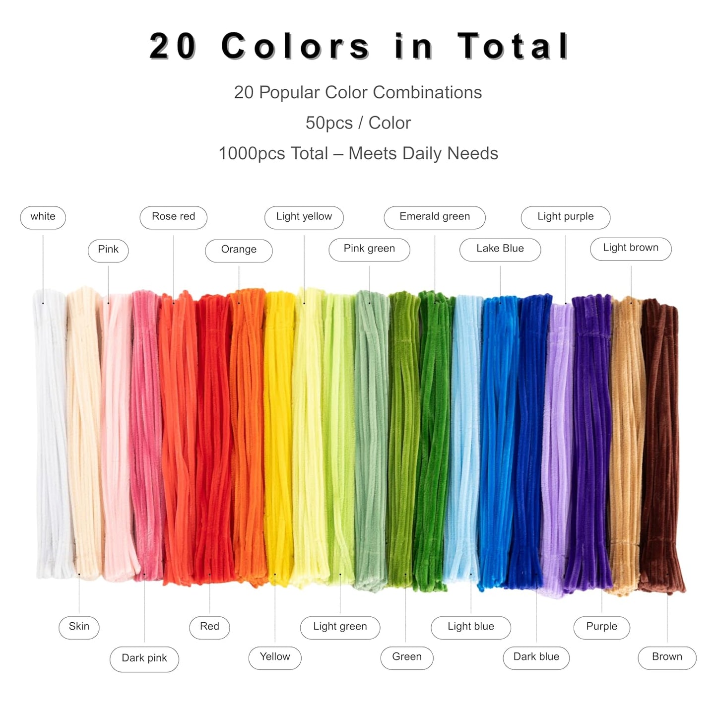 1000pcs Pipe Cleaners Bulk Set with Storage Bag, 20 Assorted Colors Chenille Stems, 12inch * 8mm for DIY Art & Craft Projects