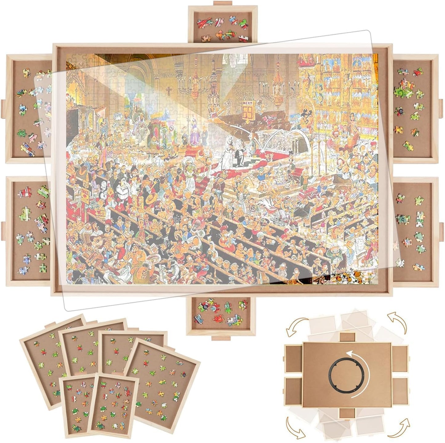1000 Pieces Rotating Puzzle Board with 6 Drawers,30.16"x22.44" Portable Wooden Jigsaw Puzzle Table with Lazy Susan Spinning Cover