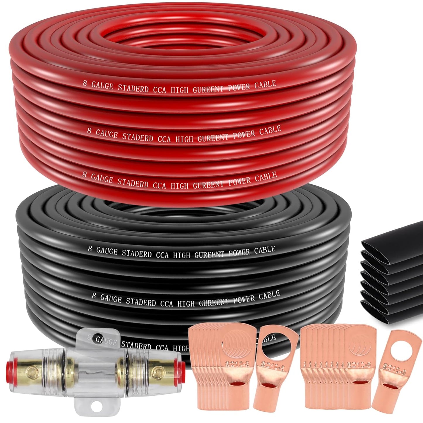 100FT 8 Gauge Wire Copper Clad Aluminum CCA Black/Red with 8ga lugs,60A Fuse Holder,Heat Shrink Tube - Battery Power/Ground Cable,Car Audio Speaker,RV Trailer Amp Wiring kit (50ft Each- Black/Red)