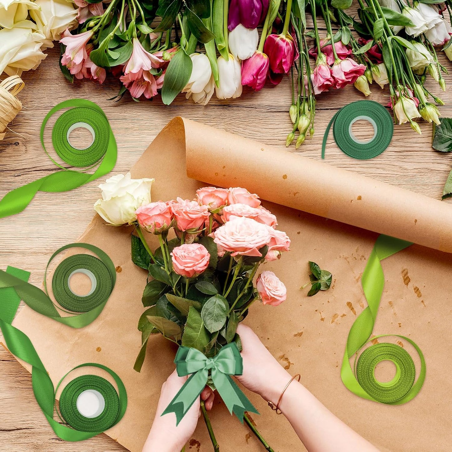 1 Inch Green Satin Ribbons for Crafts, 6 Rolls Single-Faced Green Assorted Ribbons for Gift Wrapping Flower Bouquet Wedding Invitations Bridal Shower Hair Bows Garland Party Decor