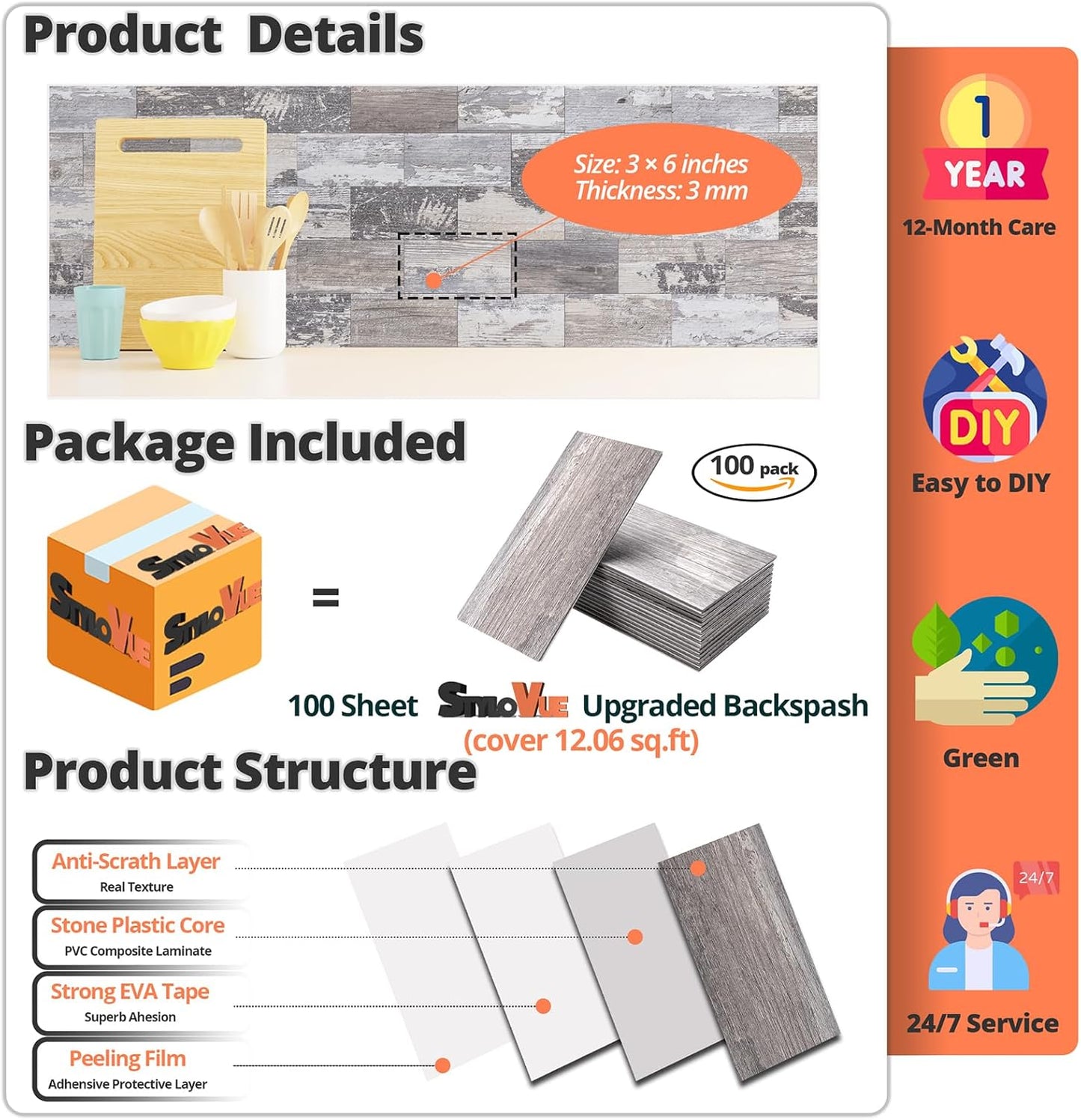 100 Pieces Peel and Stick Backsplash for Kitchen, 3" x 6" PVC Subway Tile Upgraded Distressed Wood Backsplash Stick on Tile Elevate Kitchen, Bathroom, Fireplace,RV