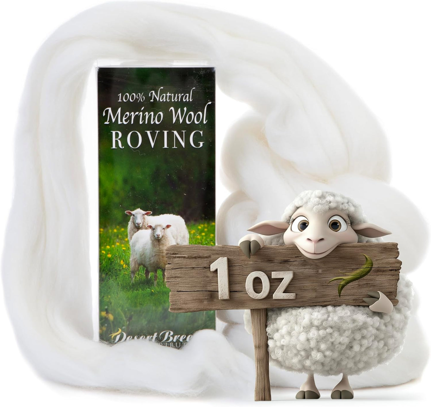 100% Natural Merino Wool Roving - 1 oz - Premium Combed Top Merino Roving Wool - Tapestry, Spinning, Wet Felting & Needle Felting Supplies - 21.5 Micron - Color Snow