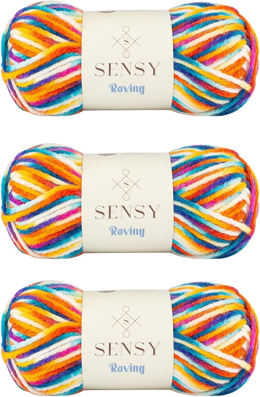 3 Skeins of Sensy Roving Multi Color Yarn, 3.5 oz, 132 Yards, Gauge 5 Bulky (Carnaval)