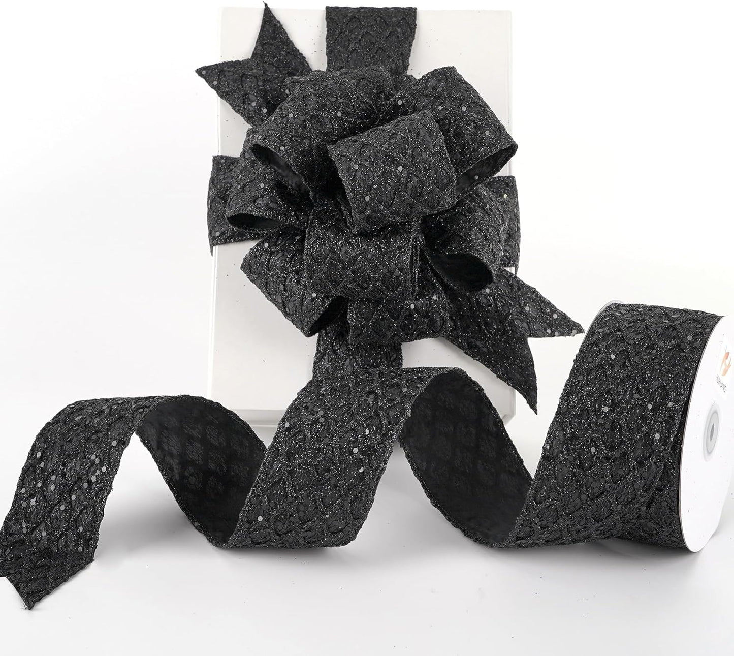 HUIHUANG Glitter Black Wired Ribbon for Christmas Tree 2.5 inch Black Diamond Mesh Wire Ribbon for Tree Decoration, Wreaths, Garland, Gift Wrapping, Bows Making, Halloween Decor -10 Yards