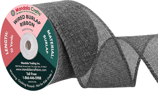 Mandala Crafts Gray Burlap Wired Ribbon 2.5 Inches Wide Jute Ribbons for Crafts - 10 Yds Roll Rustic Burlap Wrap Trim Ribbons for Wreaths Bows Party Decoration