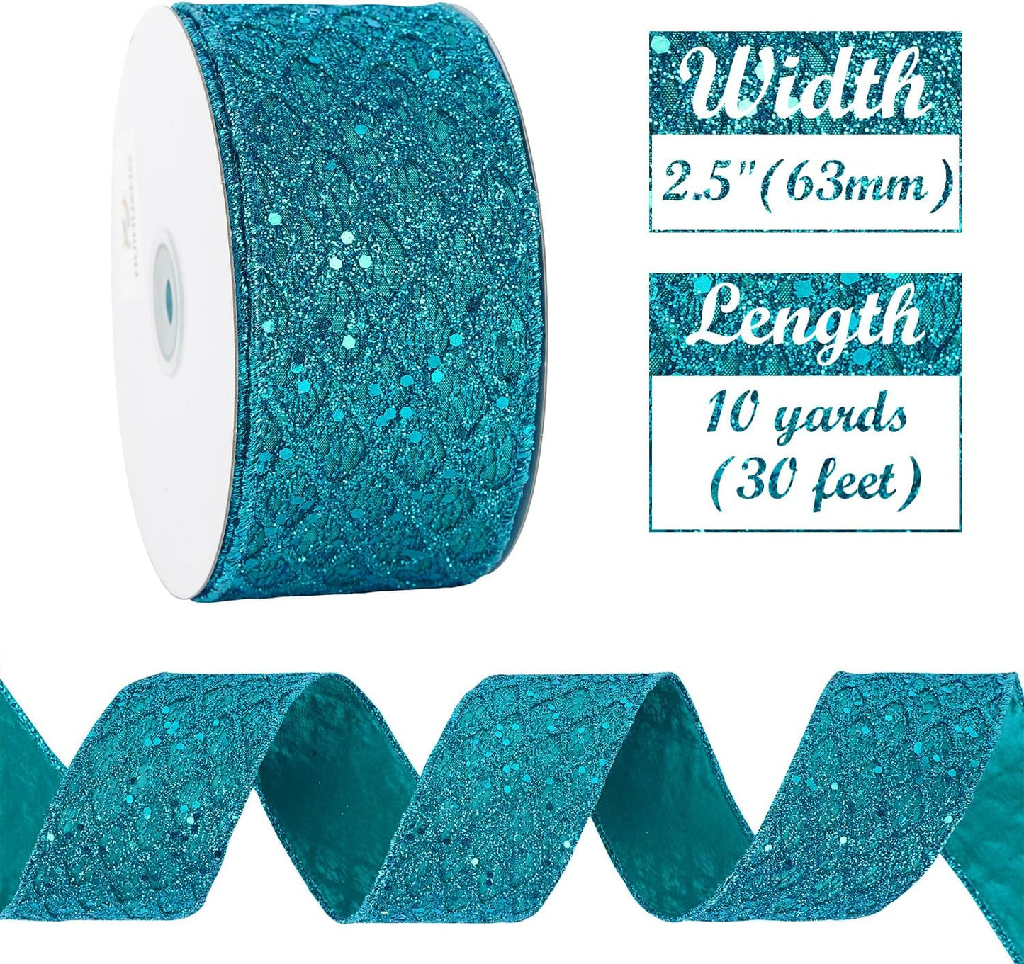 HUIHUANG Turquoise Glitter Wired Ribbon for Christmas Tree 2.5 inch Peacock Blue Diamond Mesh Ribbon for Tree Decoration, Wreaths, Garland, Gift Wrapping, Large Bows Making, Home Decor -10 Yards