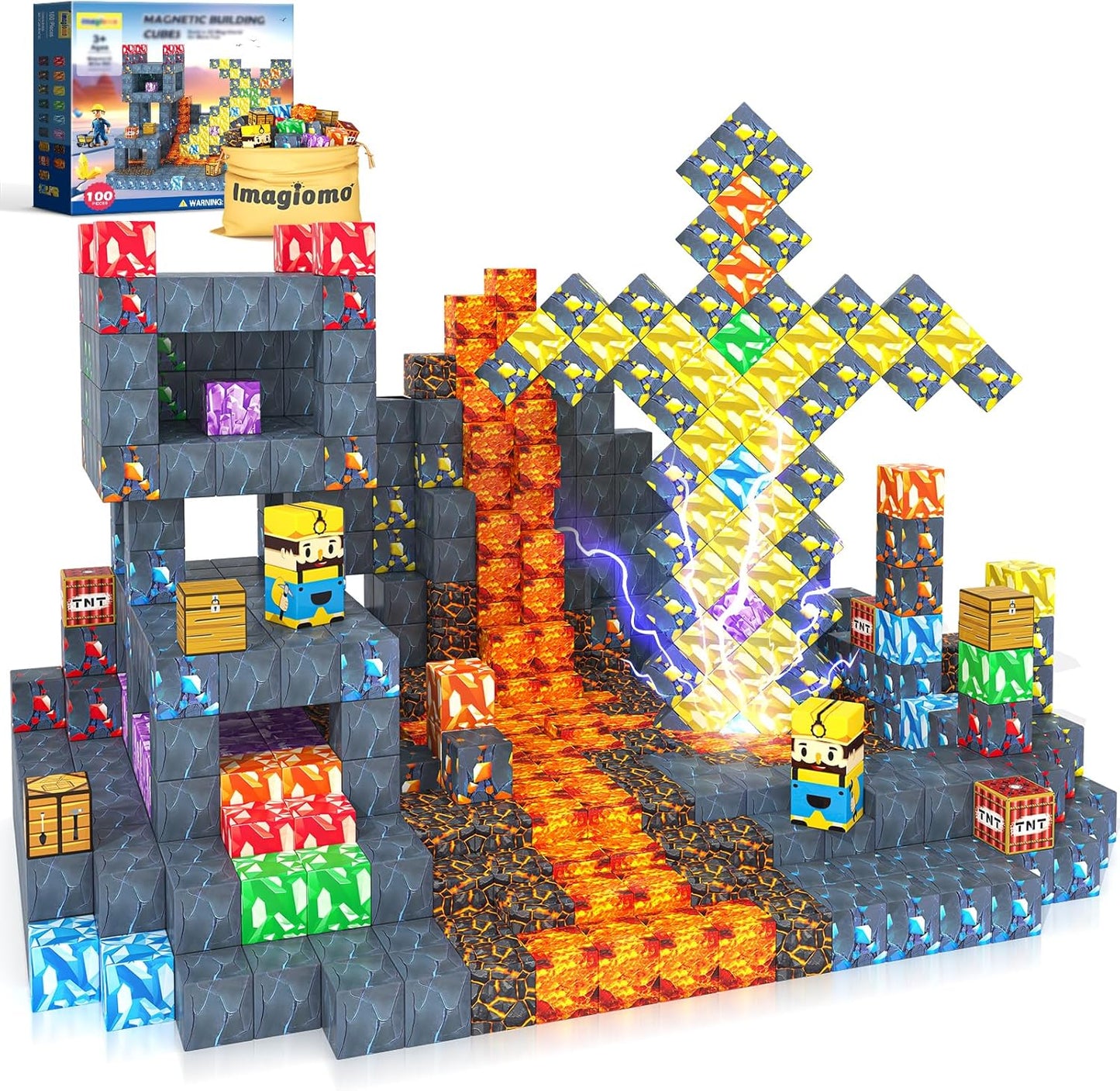 100PCS Magnetic Blocks - Build Mine Magnet World Mine Sword Adventure Set, Building Toys Classroom Must Haves Learning Sensory Toys for 3 4 5 6 7 8 Toddlers Kids Games Birthday Gifts for Boys & Girls