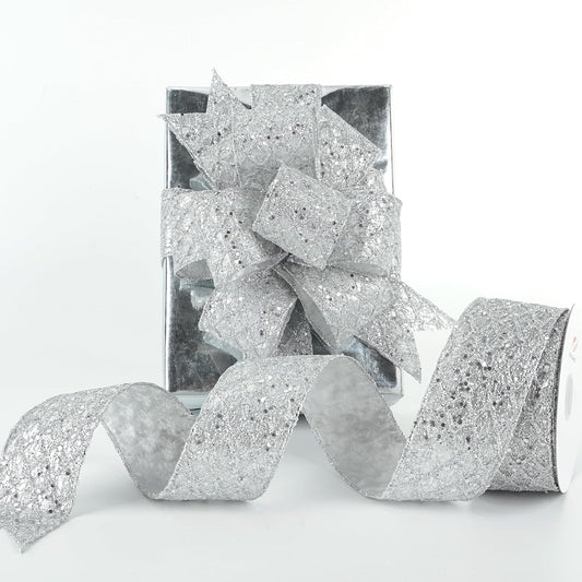HUIHUANG Silver Glitter Wired Ribbon for Christmas Tree 2.5 inch Silver Diamond Mesh Ribbon for Tree Decoration, Wreaths, Garland, Gift Wrapping, Large Bows Making, Home Decor -10 Yards