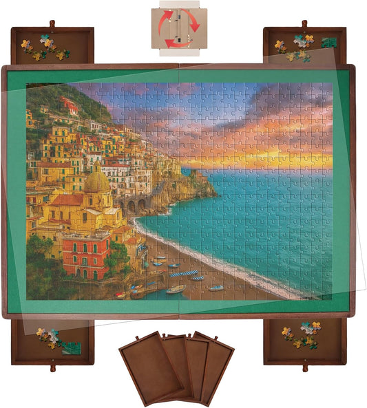 1000 Pieces Rotating Puzzle Board with Drawers and Cover, 28.1"x20.3" Portable Wooden Jigsaw Puzzle Table for Adults and Teens, Puzzle Board with Lazy Susan & Felt, Christmas Birthday Gift