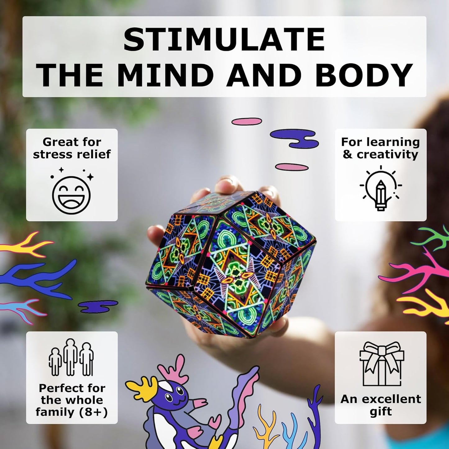 SHASHIBO Shape Shifting Box - Award-Winning Fidget Toy w/ 36 Rare Earth Magnets - Fidget Cube Transforms Into Over 70 Shapes, Sensory Toy Gift for Kids, Teens, and Adults (Glowquarium)