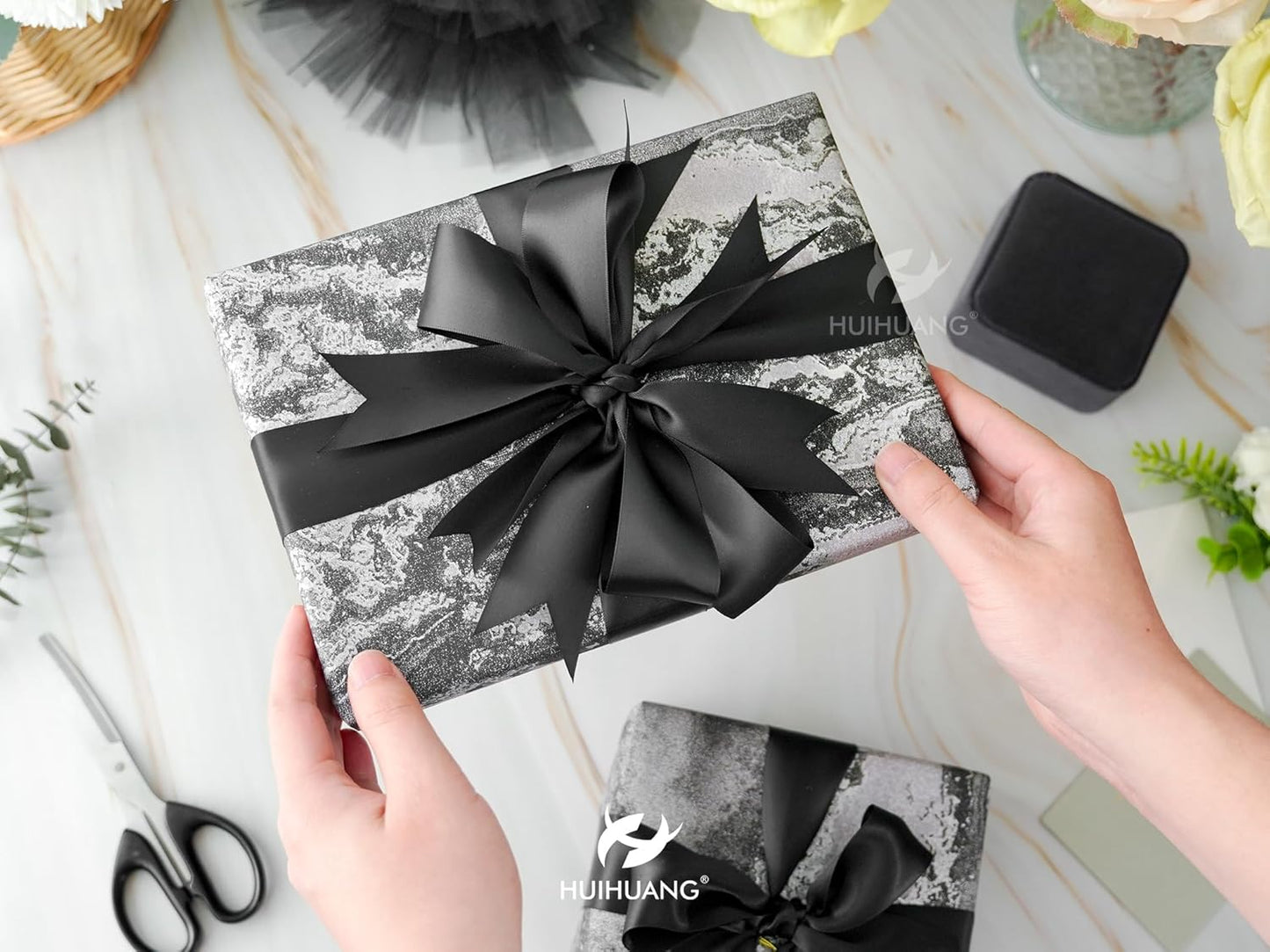 HUIHUANG Black Satin Ribbon 1-1/2 inch x 100 Yards Double-Faced Satin Ribbon for Flower Bouquet, Gift Wrapping, Eternal Roses, DIY Crafts, Bridal Shower Wedding Decor