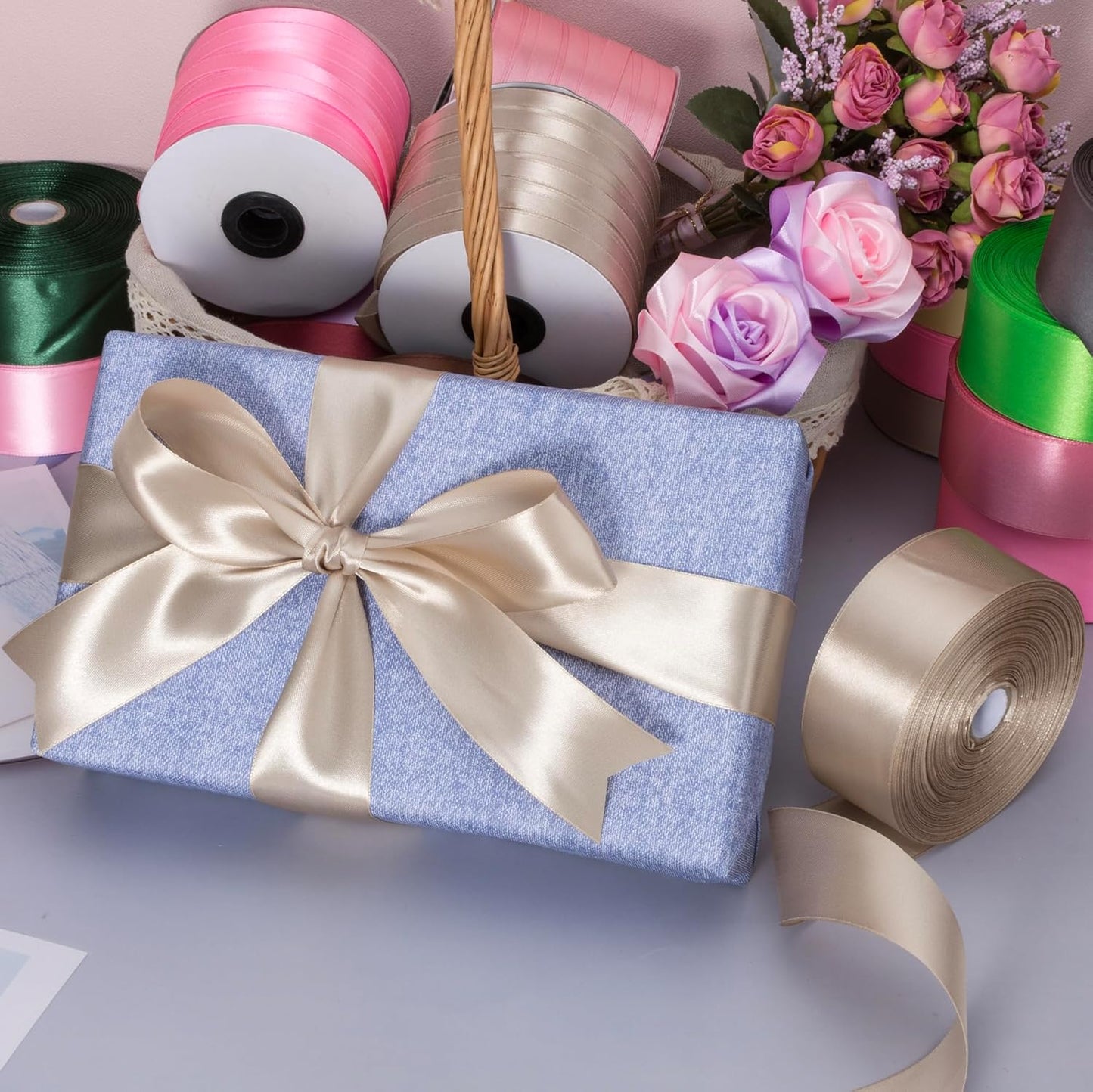 1 Inch Linen Beige Solid Satin Ribbon, 50 Yards Craft Fabric Ribbon for Gift Wrapping Floral Bouquets Wedding Party Decoration